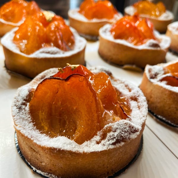 Several Little France Coffee & Bakery apricot tarts, dusted with powdered sugar, on a white surface.